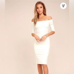 Lulus- Girl Can’t Help It Ivory off-the-shoulder midi.